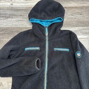 Kuhl Black Blue Womens‎ M Full Zip Warm Soft Pile Fleece Outdoor Hooded Jacket